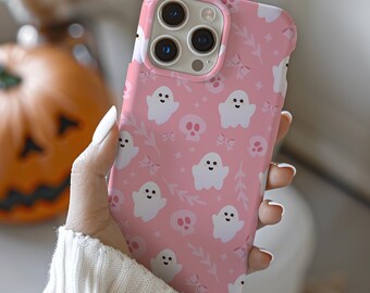 かわいいピンクのハロウィン携帯ケース、ゴースト、スカル、リボン、ガーリーカバー、iPhone 16 15 14 13 12 11 Pro Max 8 Plus X、Samsung Galaxy S24 S23 S22 S21