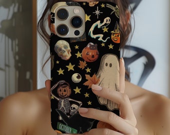 May include: A black phone case with a Halloween theme. The case features a variety of spooky and festive images, including ghosts, pumpkins, skulls, and stars. The text "OCTOBER" is printed on the bottom of the case.