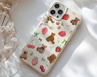 Adorable Teddy Bear, Fruit, & Bows Phone Case, Cute Girly Phone Cover, iPhone 16 15 14 13 12 11 Pro Max 8, Samsung Galaxy S24 S23 S22 S21