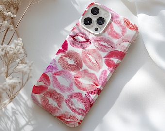 Kisses Phone Case, Pink & Red Lipstick Print Phone Cover,  iPhone 17 16 15 14 13 12 11 Pro Max, Samsung Galaxy S25 S24 S23 S22 S21
