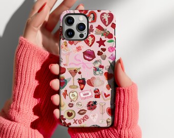 Love Phone Case, Pink & Red Collage, Valentines, Girly Aesthetic, iPhone 17 16 15 14 13 12 11 Pro, Samsung Galaxy S25 S24 S23 S22 S21
