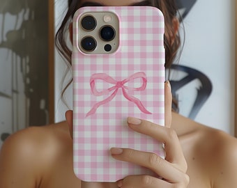 Pink Gingham & Bow Phone Case, Cute Girly Aesthetic,  iPhone 16 15 14 13 12 11 Pro Max 8 Plus X, Samsung Galaxy S24 S23 S22 S21