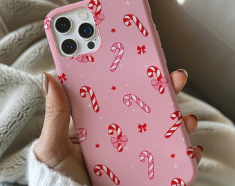 Pink Christmas Phone Case, Candy Canes & Bows Cover, Girly, Winter Holiday iPhone 16 15 14 13 12 Pro Max Plus Samsung Galaxy S24 S23 S22 S21