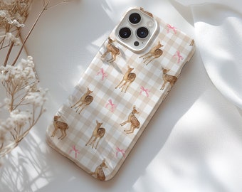 Gingham Deer & Pink Bow Phone Case, Neutral Tone, Girly Aesthetic,  iPhone 17 16 15 14 13 12 11 Pro Max, Samsung Galaxy S25 S24 S23 S22 S21