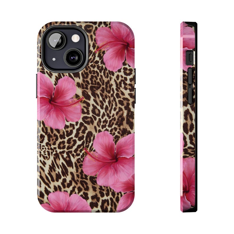 Leopard & Pink Hibiscus Phone Case, Tropical Floral, Animal Print Cover, iPhone 17 16 15 14 13 12 Pro Max Samsung Galaxy S25 S24 S23 S22 S21 image 3