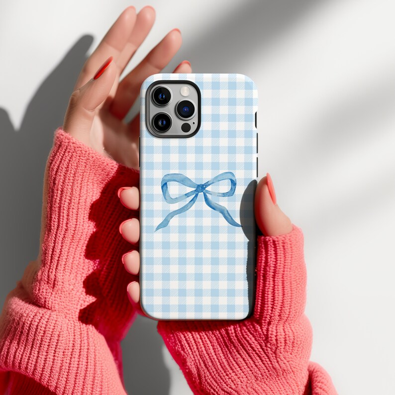 Blue Gingham & Bow Phone Case, Cute Girly Aesthetic, iPhone 15 14 13 12