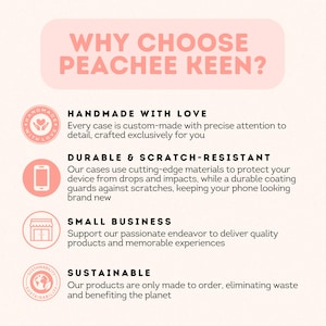 May include: A peach-colored graphic with the text "WHY CHOOSE PEACHEE KEEN?" and bullet points describing the brand's values: handmade, durable, small business, and sustainable. The image includes icons representing each value.