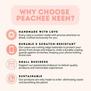 K&ouml;nnte beinhalten: Warum Peachee Keen w&auml;hlen? Eine Grafik mit Text, die die Vorteile des Kaufs in diesem Shop erkl&auml;rt. Zu den Vorteilen geh&ouml;ren handgefertigt mit Liebe, langlebig und kratzfest, kleines Unternehmen und nachhaltig.