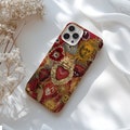 Vintage Mosaic Print Phone Case, Sacred Heart Sun Illustration Red, iPhone 16 15 14 13 12 11 Pro Max 8 Plus X Samsung Galaxy S24 S23 S22 S21
