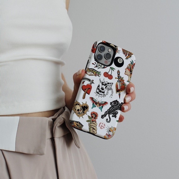 Traditional Tattoo Phone Case, Old School Vintage Collage Trendy iPhone 17 16 15 14 13 Pro Max Plus Samsung Galaxy S25 S24 S23 S22 S21