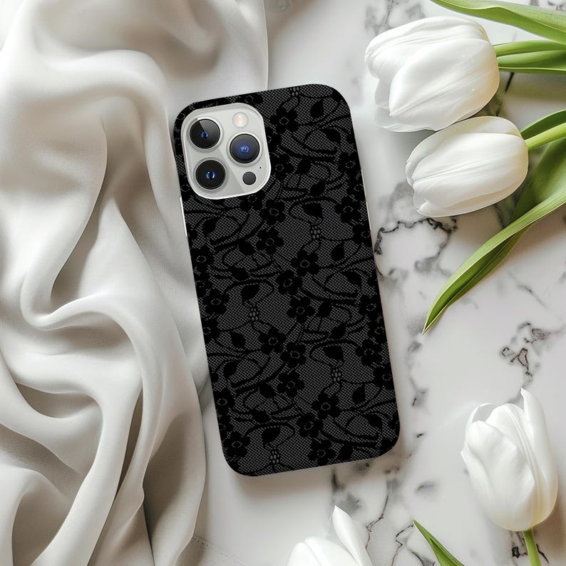 Black Lace Print Phone Case, Classic, Elegant Phone Cover, iPhone 16 15