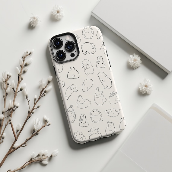 Bunny Phone Case, Cute Rabbit Illustration Phone Cover, B&W,  iPhone 17 16 15 14 13 12 11 Pro Max, Samsung Galaxy S25 S24 S23 S22 S21