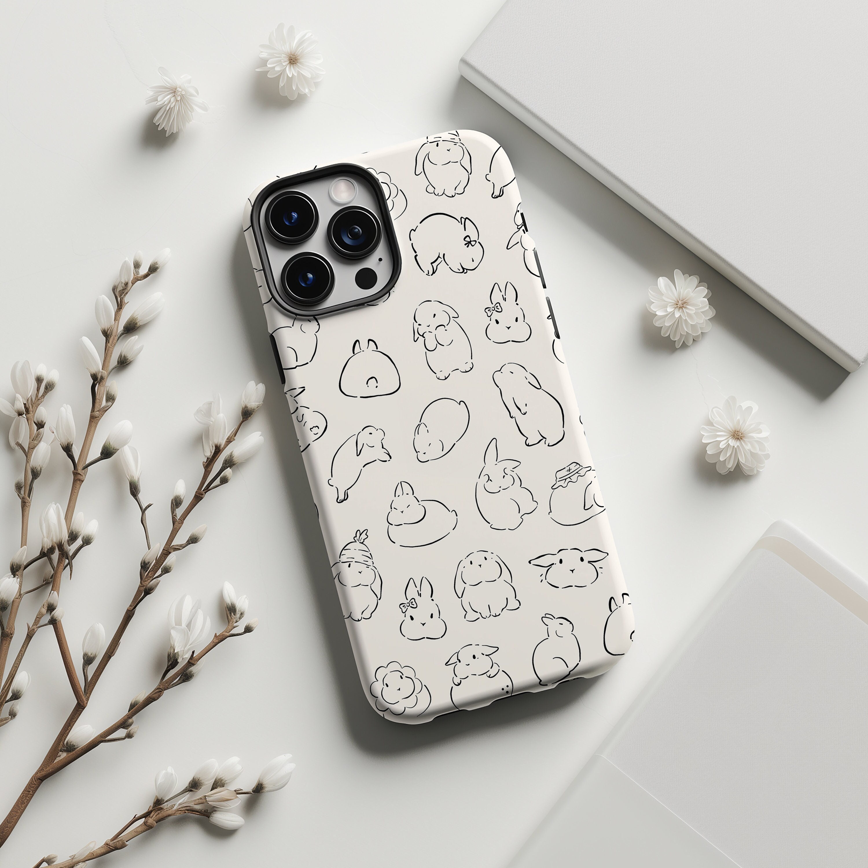 Bunny Phone Case, Cute Rabbit Illustration Phone Cover, Neutral, iPhone 16 15 14 13 12 11 Pro Max 8 Plus X, Samsung Galaxy S24 S23 S22 S21