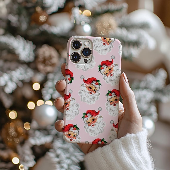 Vintage Santa Claus Phone Case, Cute Pink Winter Cover, Christmas, Holiday iPhone 16 15 14 13 12 Pro Max Plus Samsung Galaxy S24 S23 S22 S21
