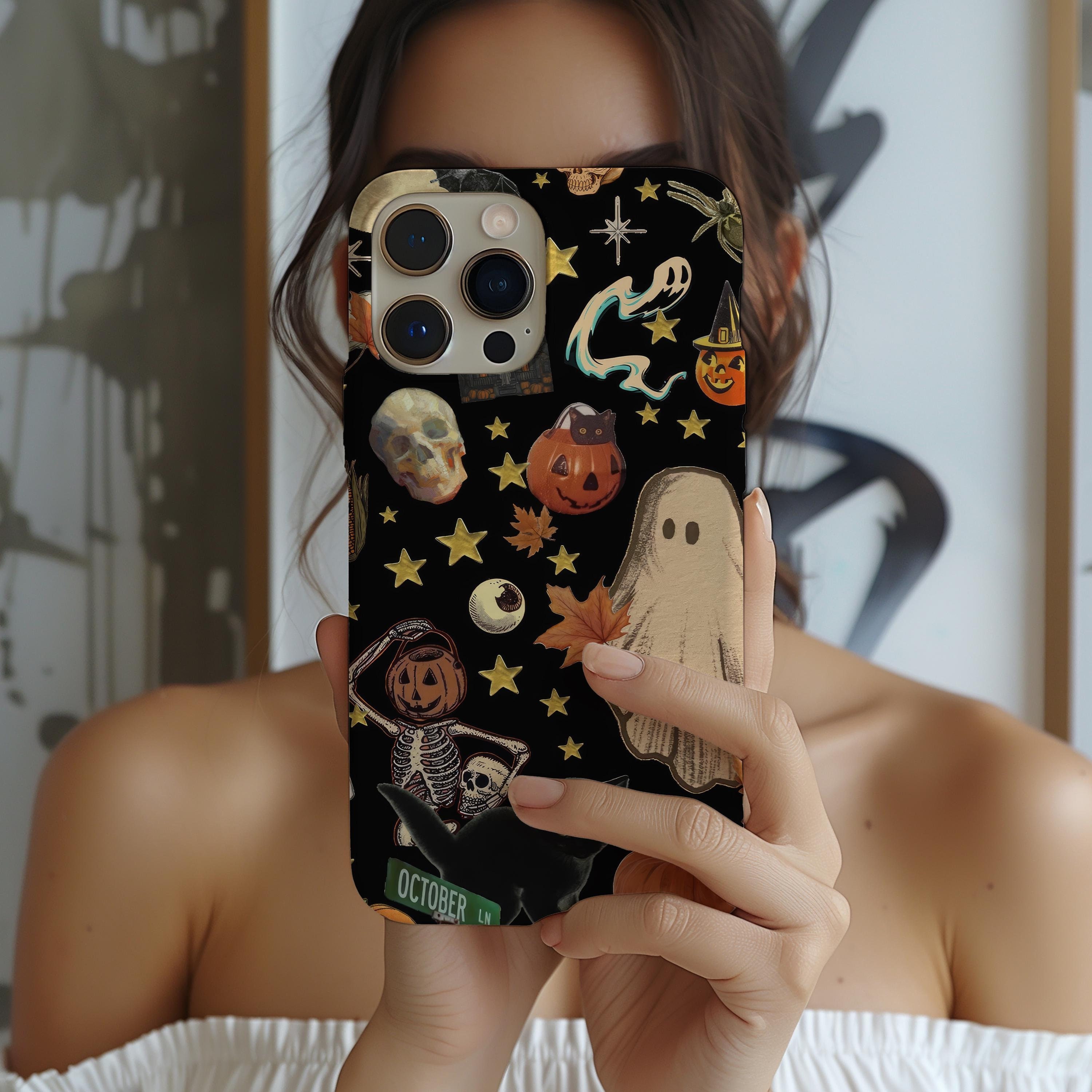 Vintage Halloween Phone Case, Ghosts, Pumpkins, Skeleton Collage, iPhone 16 15 14 13 12 11 Pro Max 8 Plus X, Samsung Galaxy S24 S23 S22 S21