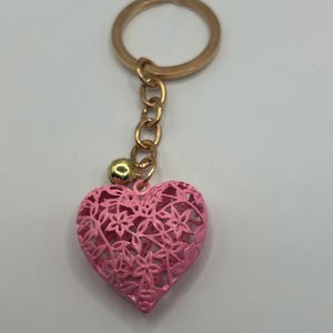 Bright Pink Cage Heart with Floral Design Keychain, Gold Keyring