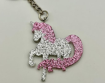 Plastic Glitter Unicorn Pink and Silver Keychain