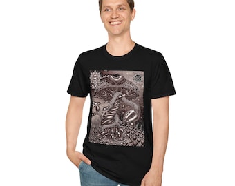 Svamp UFO-illustration T-shirt | Psykedelisk kosmisk svampkonst