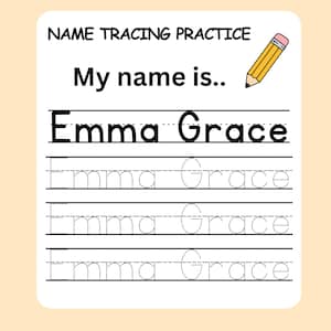 Può includere: Un foglio di lavoro bianco con il testo "NAME TRACING PRACTICE" e "My name is.." in nero. Il nome "Emma Grace" è scritto in grandi lettere in grassetto, con linee tratteggiate sottostanti per il tracciamento. Un'illustrazione di matita gialla si trova nell'angolo in alto a destra.