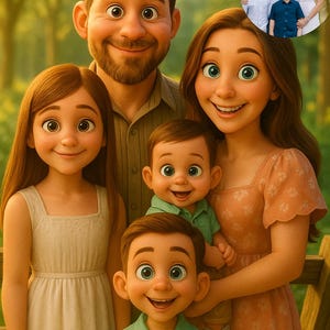 Puede incluir: Retrato familiar de estilo caricaturesco con padre, madre y cuatro hijos. La imagen es de colores brillantes con ojos grandes. El texto "READY IN 2 HRS" se muestra en la parte inferior.