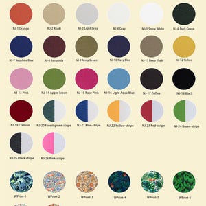May include: A color chart of waterproof Oxford fabric swatches. The chart displays various solid colors and striped patterns, including orange, khaki, pink, and blue. The text "WATERPROOF OXFORD FABRIC" is at the top, with color names and codes below each swatch.