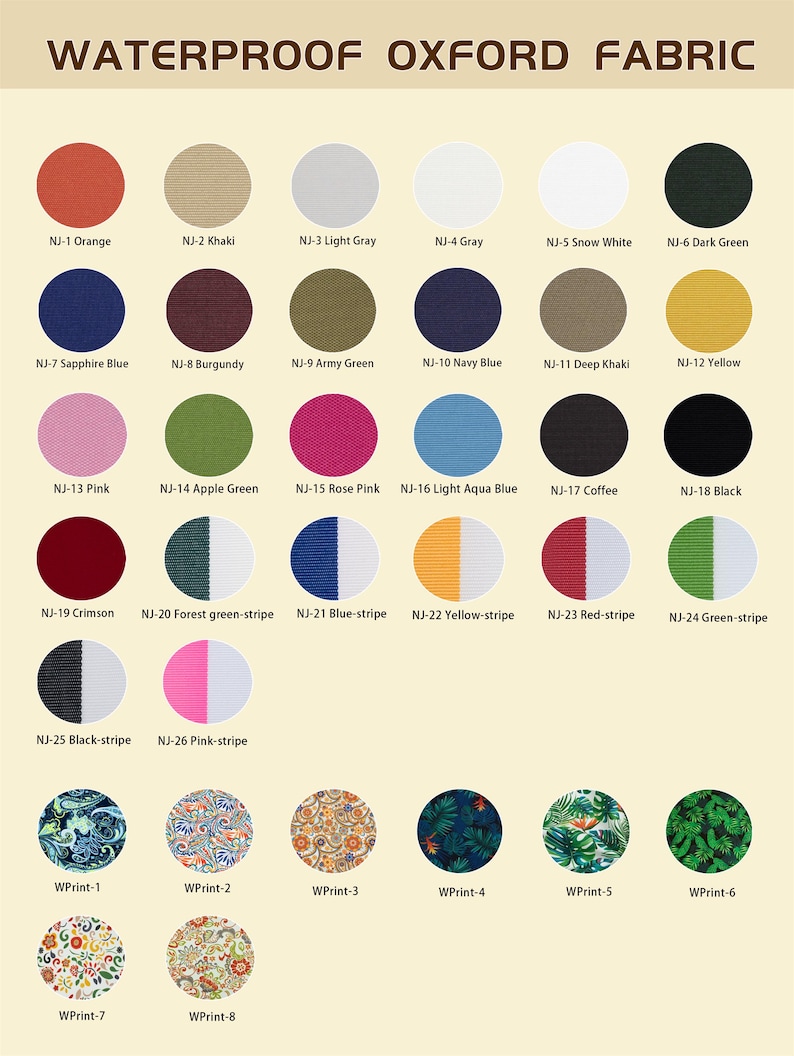 May include: A color chart of waterproof Oxford fabric swatches. The chart displays various solid colors and striped patterns, including orange, khaki, pink, and blue. The text "WATERPROOF OXFORD FABRIC" is at the top, with color names and codes below each swatch.