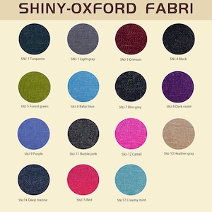 May include: A color chart of Shiny-Oxford fabric swatches. The swatches are arranged in a grid, each a different color, including turquoise, light gray, crimson, black, forest green, baby blue, dim gray, dark violet, purple, Barbie pink, camel, heather gray, deep marine, red, and creamy mint.