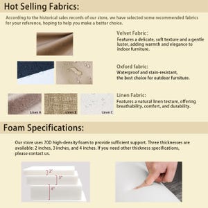 May include: Image showcasing fabric and foam specifications. Includes samples of velvet, Oxford, and linen fabrics. Foam thicknesses are 2, 3, and 4 inches. Text reads "Hot Selling Fabrics" and "Foam Specifications."