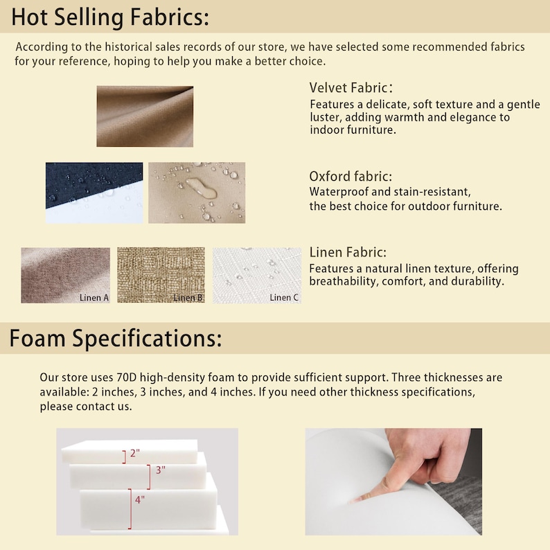 May include: Image showcasing fabric and foam specifications. Includes samples of velvet, Oxford, and linen fabrics. Foam thicknesses are 2, 3, and 4 inches. Text reads "Hot Selling Fabrics" and "Foam Specifications."