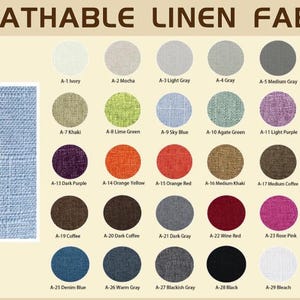 May include: A color chart titled BREATHABLE LINEN FABRIC displaying a large rectangular swatch of light blue linen fabric labeled Linen A, alongside twenty-nine circular fabric swatches in various colors, each labeled with a code and color name.