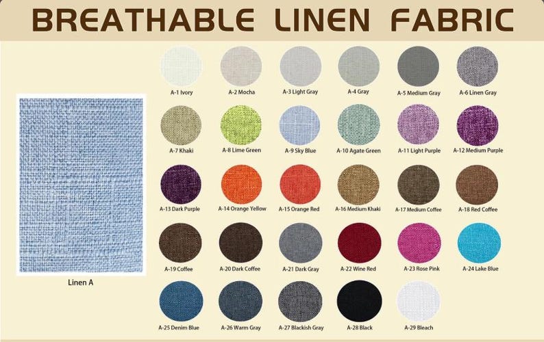 May include: A color chart titled BREATHABLE LINEN FABRIC displaying a large rectangular swatch of light blue linen fabric labeled Linen A, alongside twenty-nine circular fabric swatches in various colors, each labeled with a code and color name.