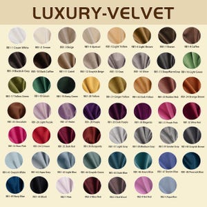 May include: A color chart titled LUXURY-VELVET displaying 65 circular fabric swatches in various shades. Each swatch is labeled with a code and color name, ranging from neutrals like cream and beige to vibrant tones like magenta, navy, and forest green.