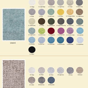 May include: A color chart titled BREATHABLE LINEN FABRIC displaying two groups of fabric swatches. The first group, Linen C, features 31 circular color samples ranging from neutrals to brights. The second group, Linen D, shows 9 neutral-toned circular fabric swatches.