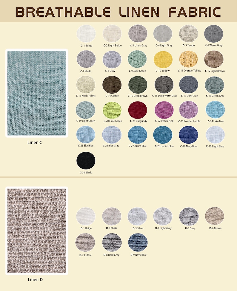 May include: A color chart titled BREATHABLE LINEN FABRIC displaying two groups of fabric swatches. The first group, Linen C, features 31 circular color samples ranging from neutrals to brights. The second group, Linen D, shows 9 neutral-toned circular fabric swatches.