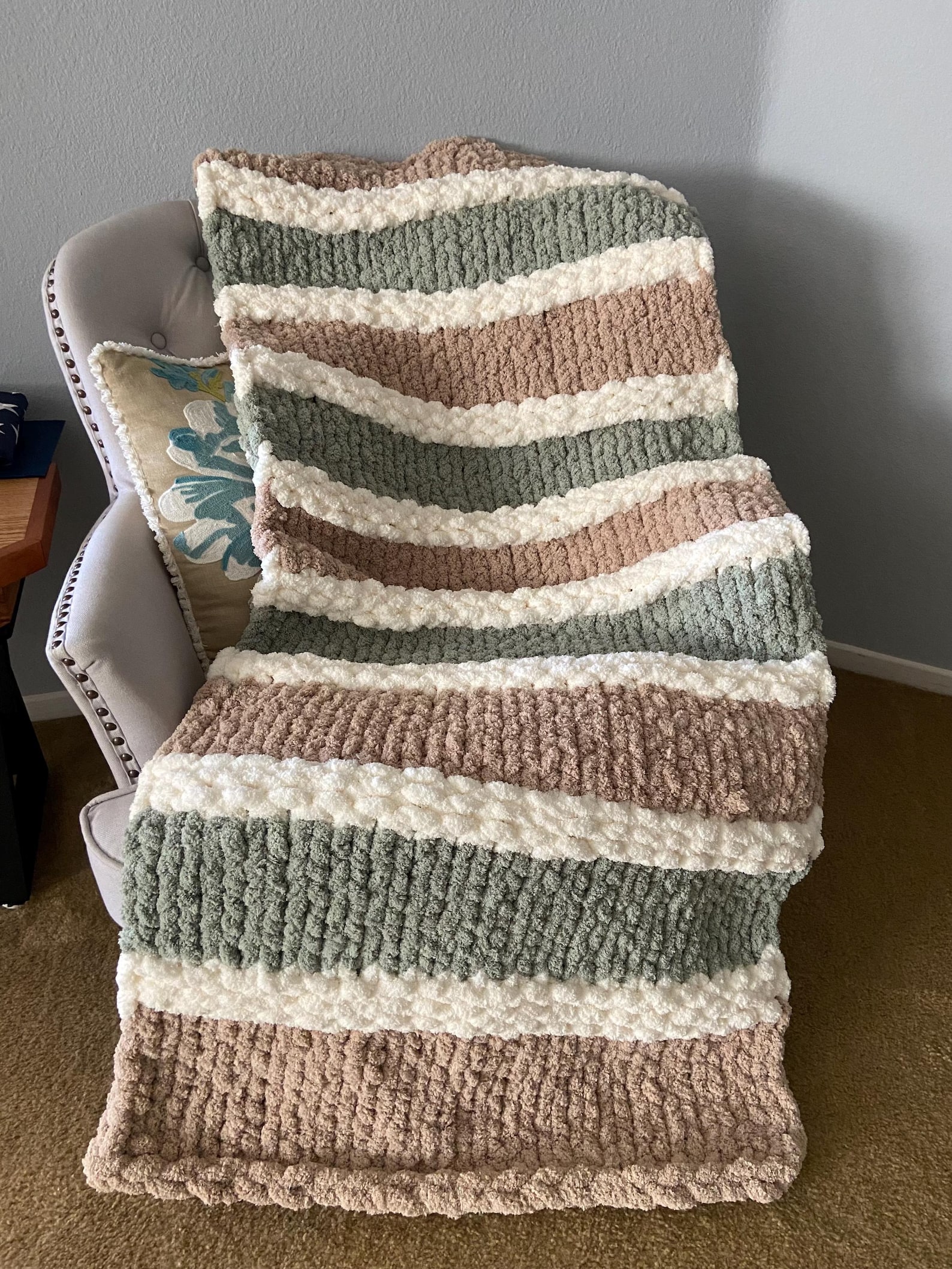 Handmade Chunky Knit Blanket (olive Green Khaki White) Etsy