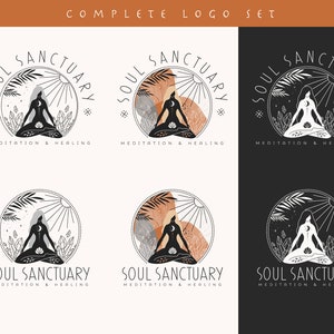 Puede incluir: Un conjunto de seis dise&ntilde;os de logo para un negocio llamado "Soul Sanctuary" que ofrece servicios de meditaci&oacute;n y sanaci&oacute;n. Los logotipos presentan una imagen estilizada de una persona meditando en un c&iacute;rculo con varios elementos de dise&ntilde;o, incluyendo cristales, hojas y un sol.