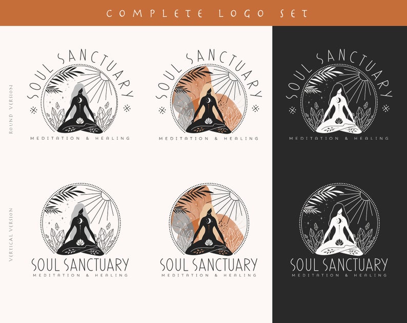 Puede incluir: Un conjunto de seis dise&ntilde;os de logo para un negocio llamado "Soul Sanctuary" que ofrece servicios de meditaci&oacute;n y sanaci&oacute;n. Los logotipos presentan una imagen estilizada de una persona meditando en un c&iacute;rculo con varios elementos de dise&ntilde;o, incluyendo cristales, hojas y un sol.