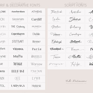 Puede incluir: Un gr&aacute;fico de fuentes serif y decorativas y fuentes de escritura, con nombres de ciudades en texto negro. Las fuentes se muestran en un formato de cuadr&iacute;cula, con cada nombre de ciudad emparejado con un estilo de fuente correspondiente.