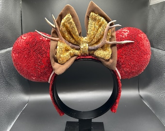 Gaston-Inspired Villain Mouse Ears: Red Sequin, Gold Bow, Deer Antlers