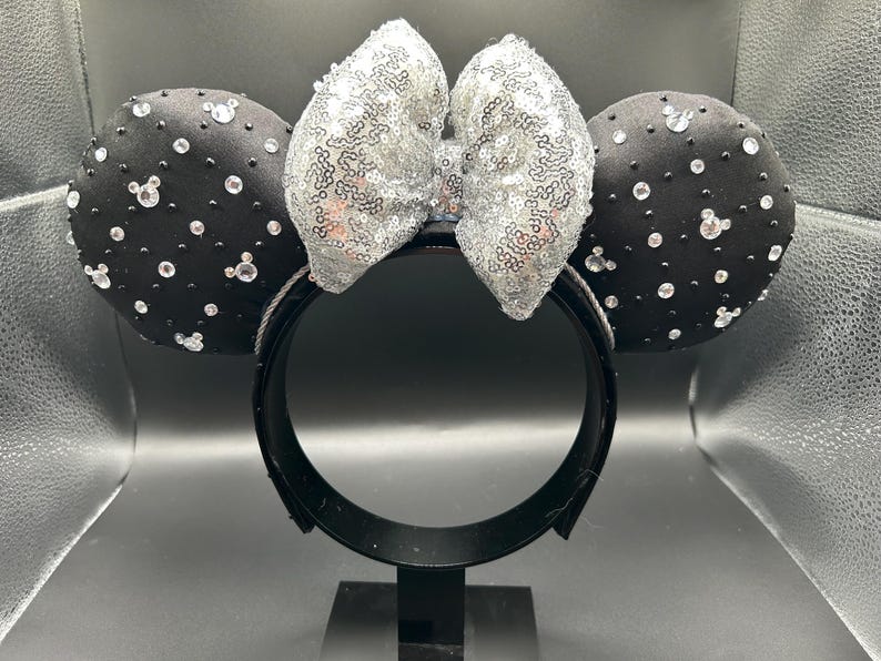 Black Crystal Light-Up Minnie Mouse Ears Headband with Silver Sequin Bow image 2