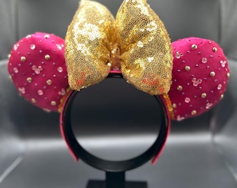 Pink and Gold Crystal Light-Up Minnie Mouse Ears. light Up Disney ears.