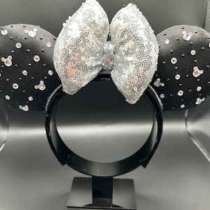 Schwarz Crystal Light-Up Minnie Maus Ohren Stirnband mit Silber Pailletten Schleife