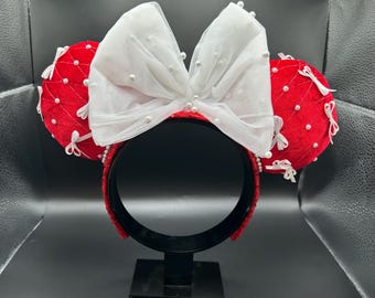 Coquette white bow mouse ears. Red and white pearl girly ear headband.