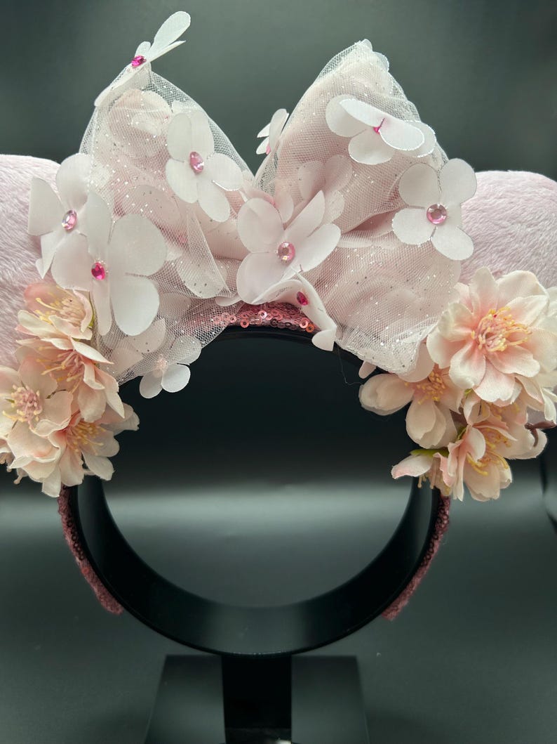Japanese cherry blossom mouse ears. Tokyo Sakura ear headband. Pink spring flowers ears image 7