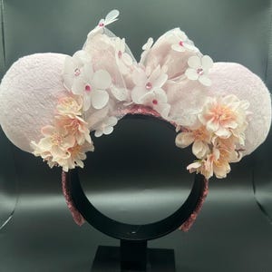 Japanese cherry blossom mouse ears. Tokyo Sakura ear headband. Pink spring flowers ears