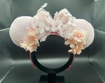 Japanese cherry blossom mouse ears. Tokyo Sakura ear headband. Pink spring flowers ears
