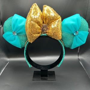 Princess Jasmine Inspired Mouse Ears Headband: Teal Sequin, Gold Bow, Tulle Accent