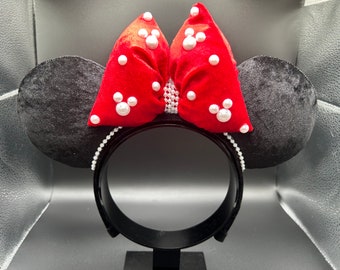 Classic Minnie inspired mouse ears with pearls and velvet materials