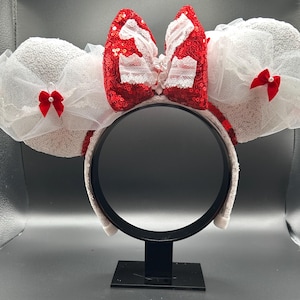 Mary Poppins inspired Mouse Ears: Red Bow, White Tulle Headband