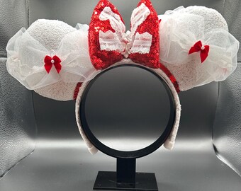 Mary Poppins inspired Mouse Ears: Red Bow, White Tulle Headband